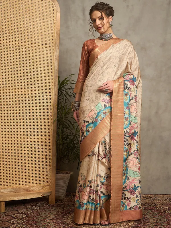 Light brown printed bhagalpuri silk saree