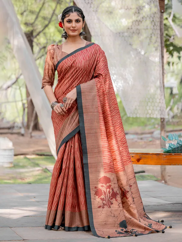 Light brown printed kozi silk saree