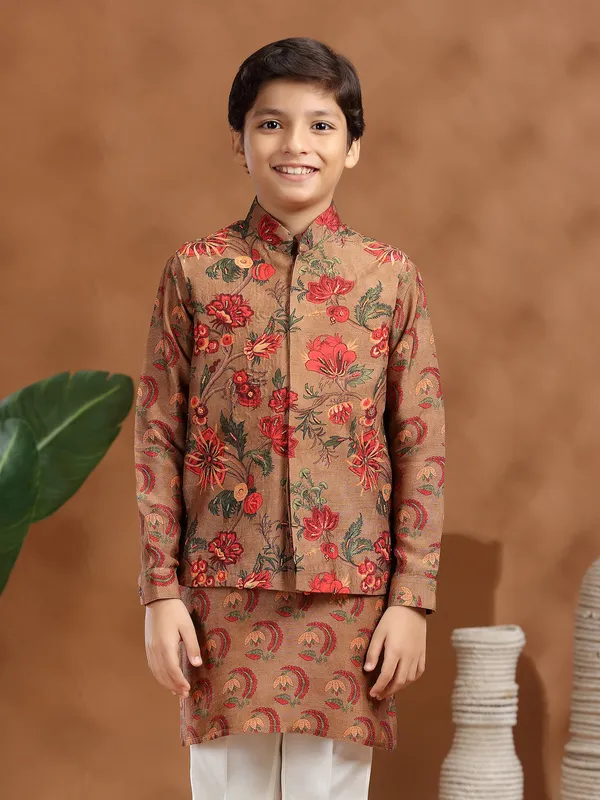 Light brown raw silk printed waistcoat set