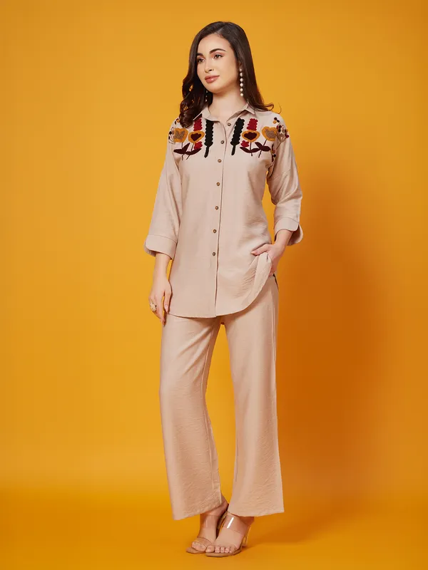 Light brown silk co-ord set with embroidery