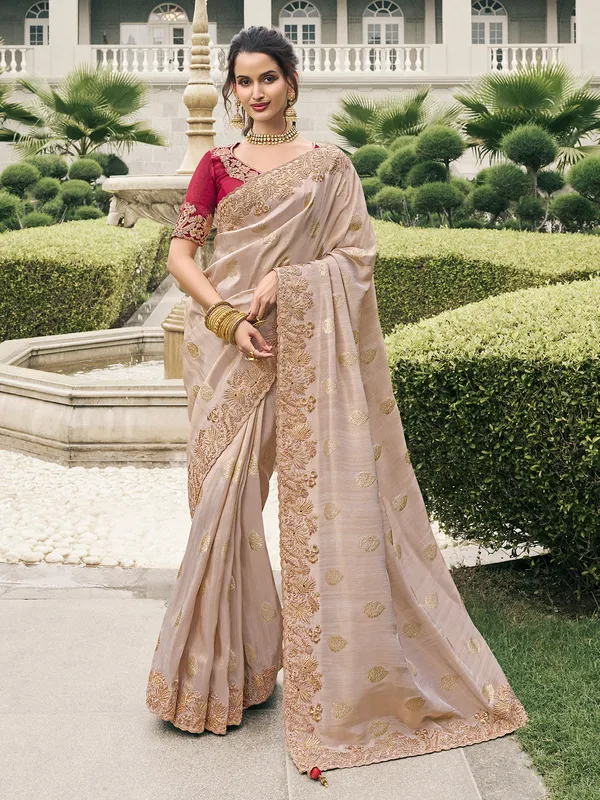 Light brown tissue silk saree with refined look