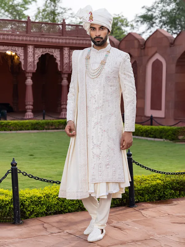 Light cream raw silk peshwai style sherwani