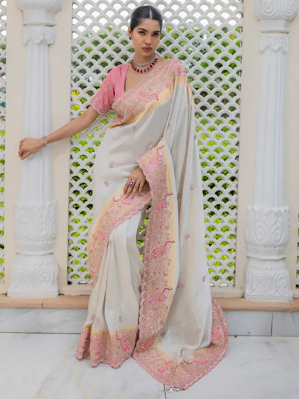 Light cream wedding wear silk saree