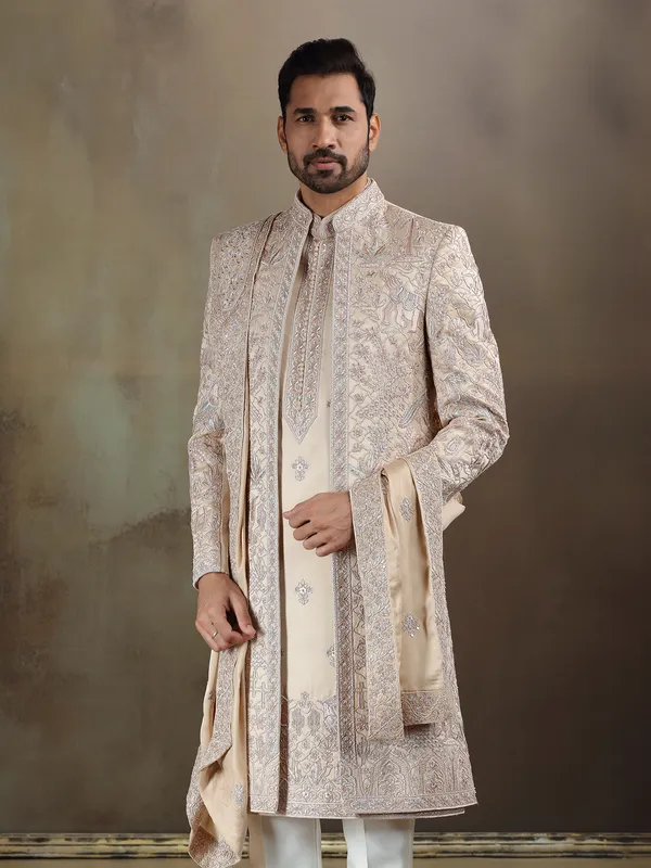 Light gold crochet long jacket sherwani with dupatta