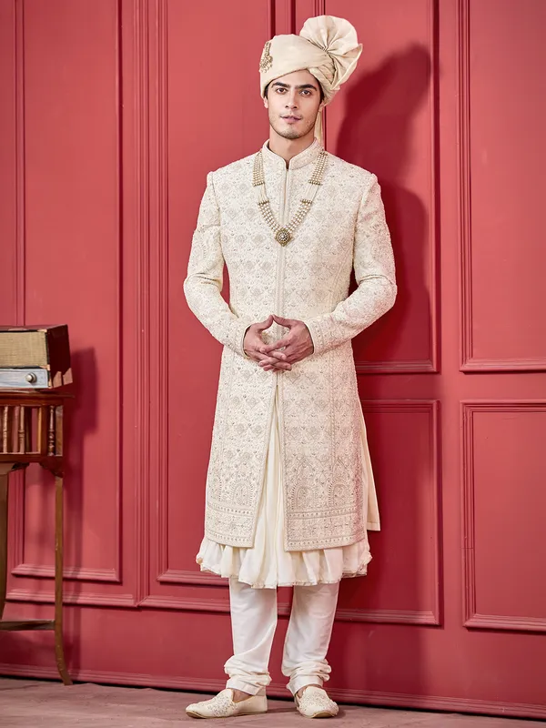 Light gold hue peshwahi silk sherwani