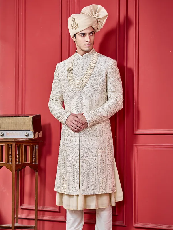 Light gold peshwahi style sherwani in silk