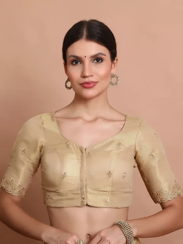 Light gold tissue silk sweetheart neck festive blouse