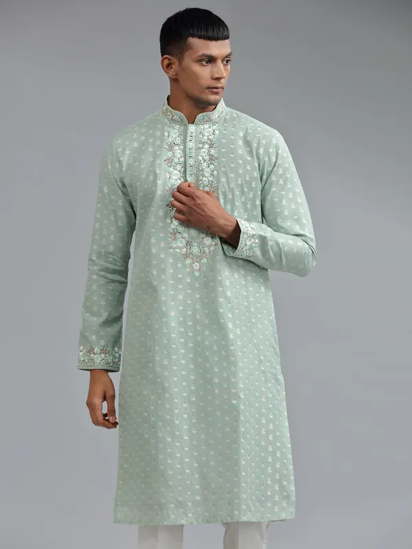 Light green cotton kurta suit with matching bottom