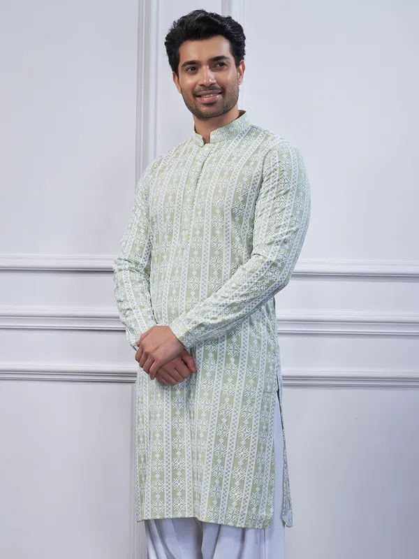 Light green embroidery cotton kurta suit
