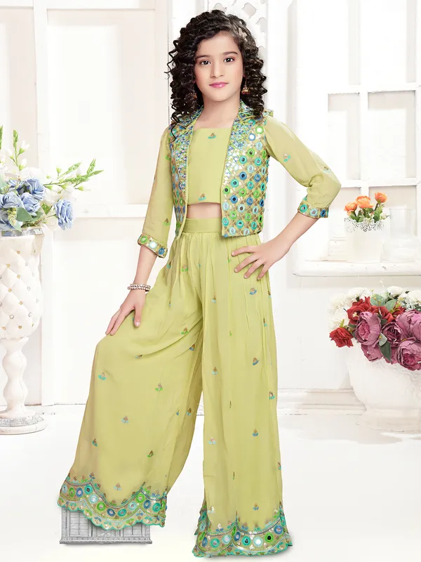 Light green georgette jacket style palazzo suit