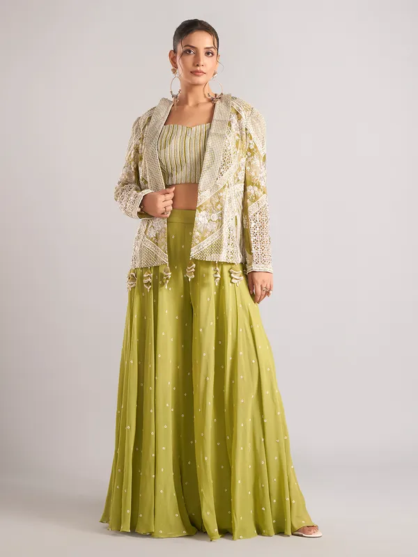 Light green georgette jacket style palazzo suit wedding wear