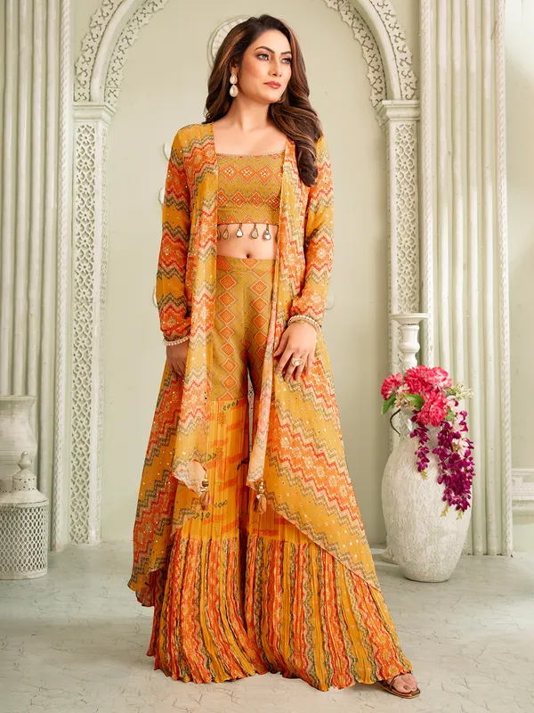 Light green georgette jacket style sharara suit