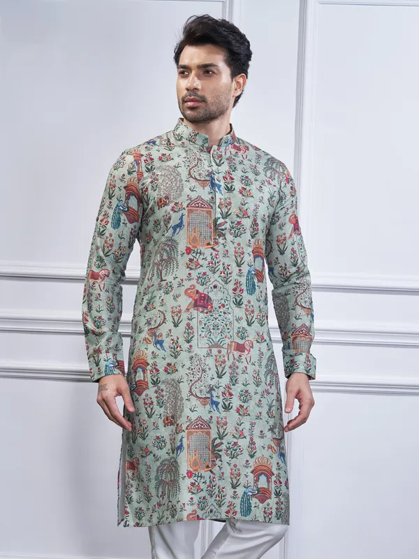Light green printed cotton kurta suit