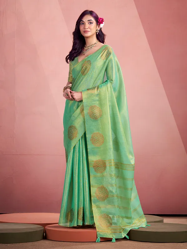 Light green saree in soft tissue silk