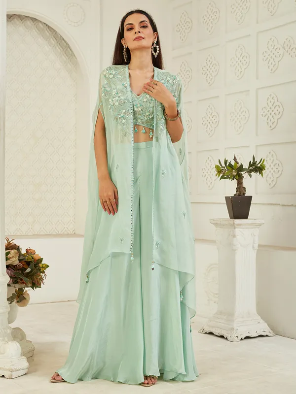 Light green satin silk jacket style palazzo suit