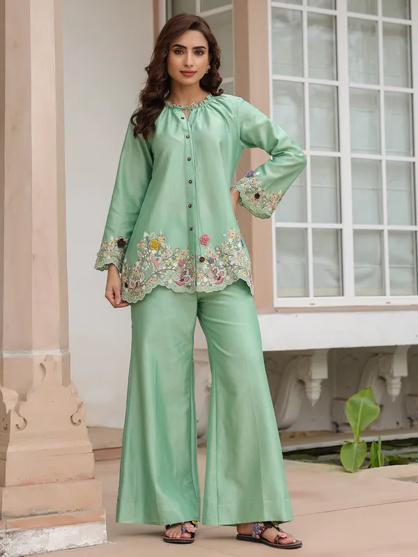 Light green silk tencel embroidery co-ord set