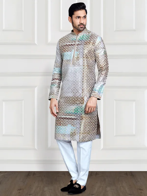 Light grey and brown silk  Men Kurta pajama