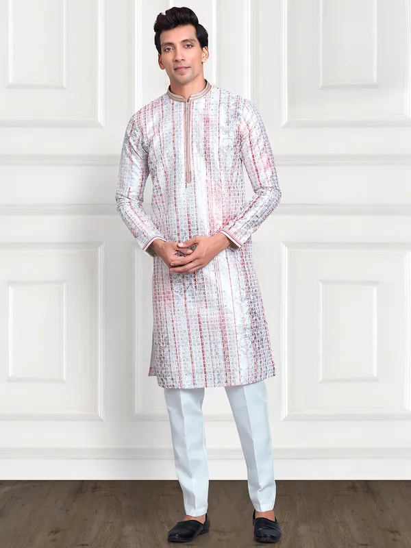 Light grey and maroon printed  Men Kurta pajama