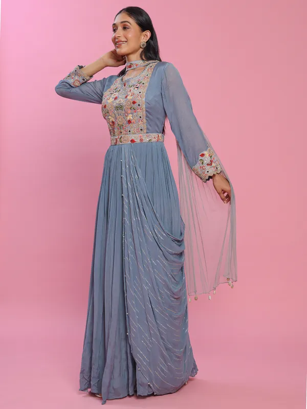 Light grey georgette floor length suit