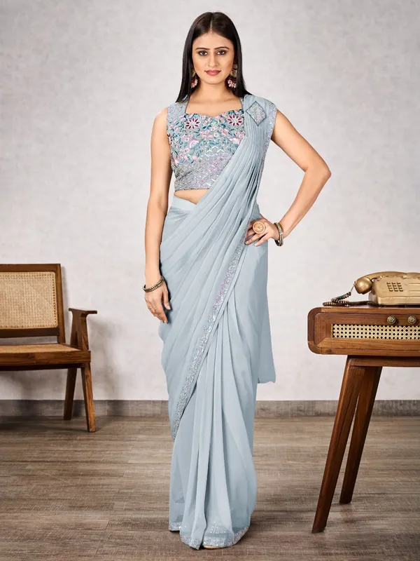 Light grey party wear saree in shimmer georgette