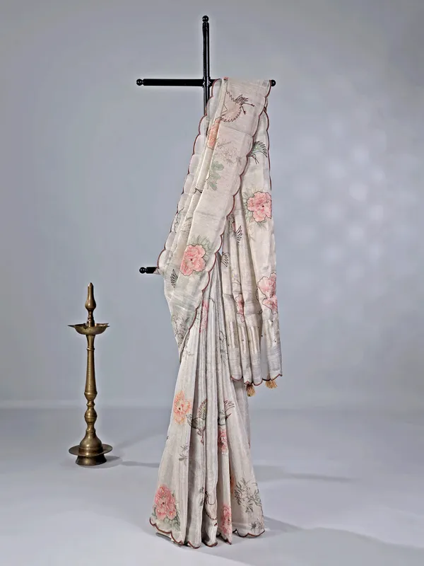 Light grey printed cotton silk saree
