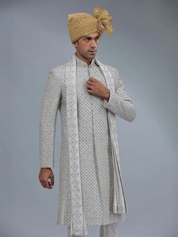 Light grey raw silk groom style sherwani for men
