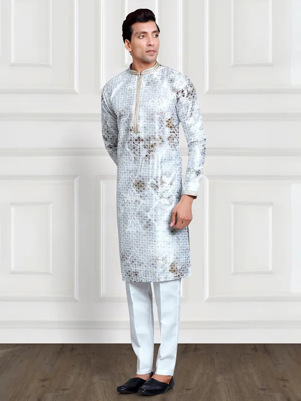 Light grey silk printed  Men Kurta pajama