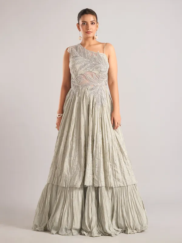 Light grey silk sleeveless designer salwar suit