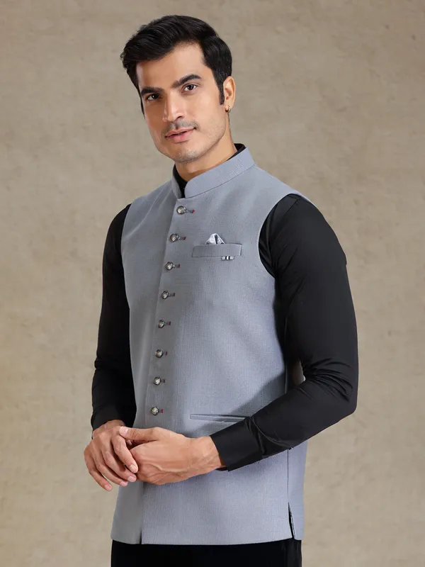 Light grey textured nehru jacket for men