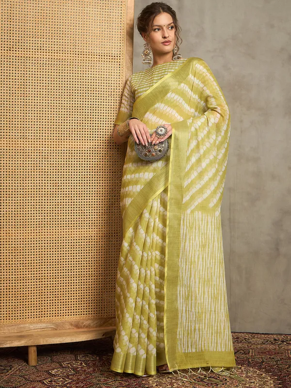 Light olive pure linen printed saree