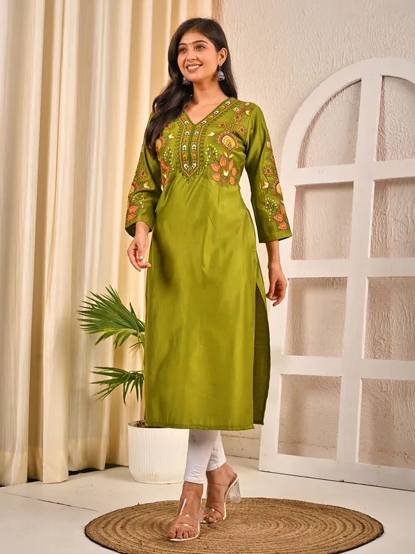Light olive silk V neck stylish embroidered kurti