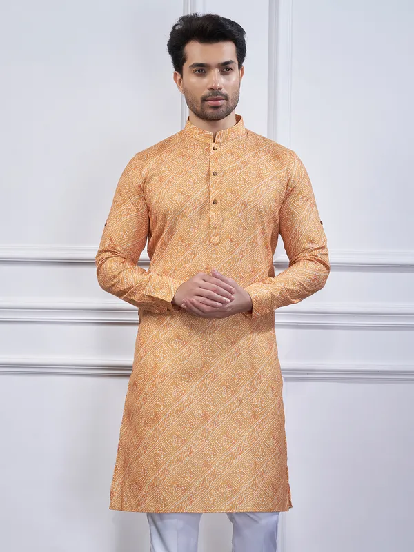 Light orange printed cotton kurta suit