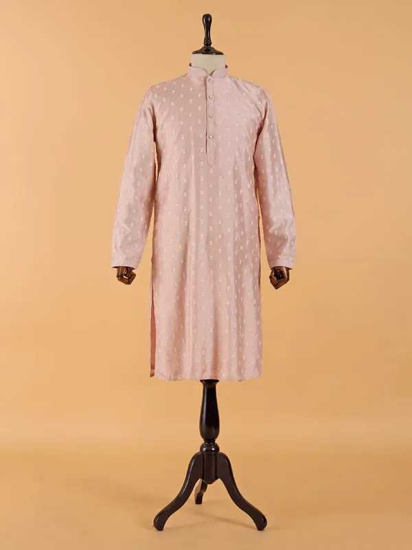 Light peach festive wear silk kurta set for men