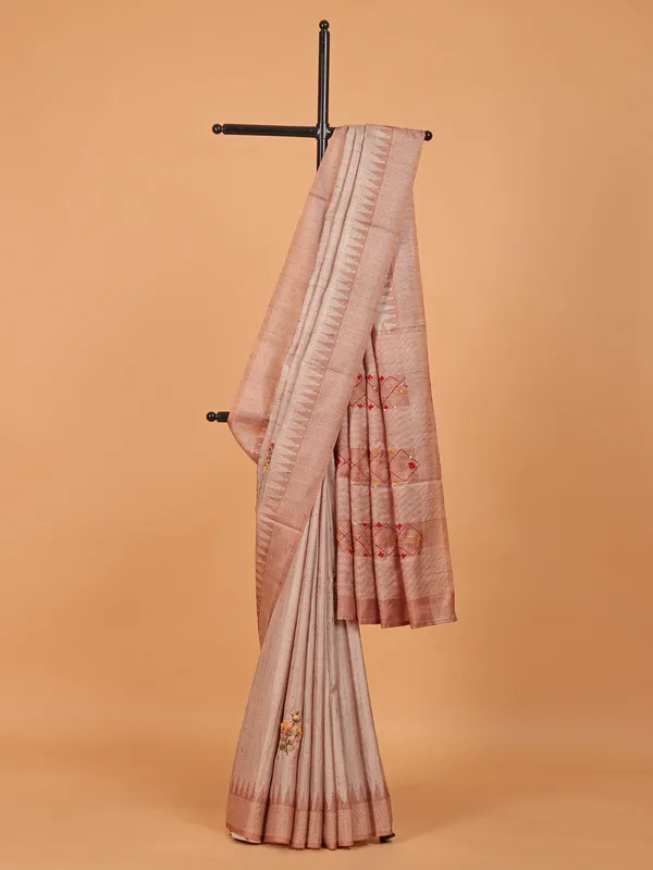 Light peach printed semi tusser silk saree for festive