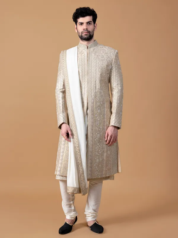 Light peach raw silk sherwani for groom