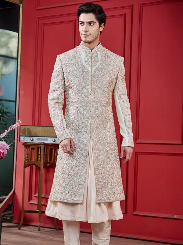Light peach silk peshwahi sherwani for groom