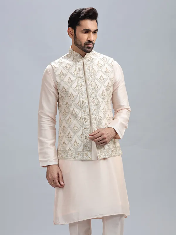Light peach silk waistcoat set for men