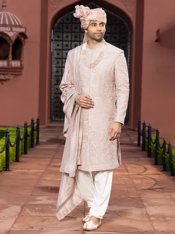 Light peach wedding style sherwani for groom