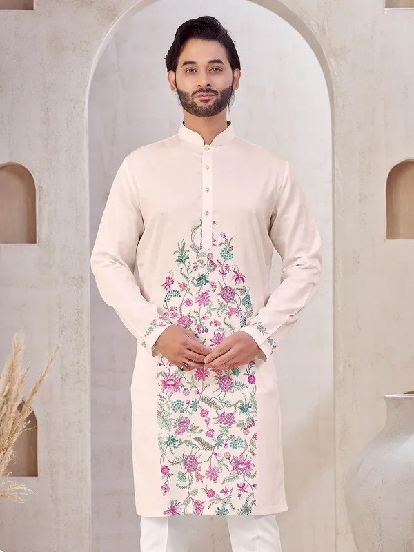 Light Pink cotton men kurta suit with print