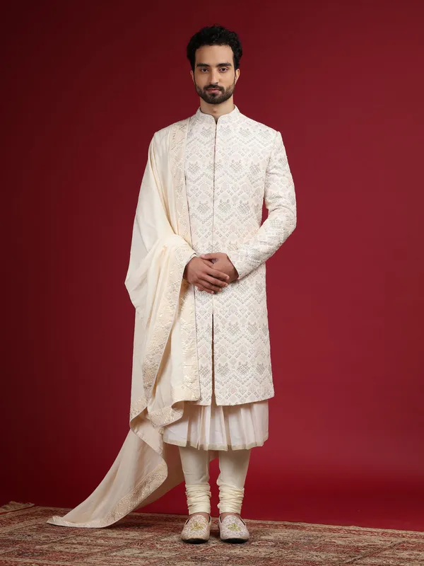 Light pink embroidery sherwani in raw silk