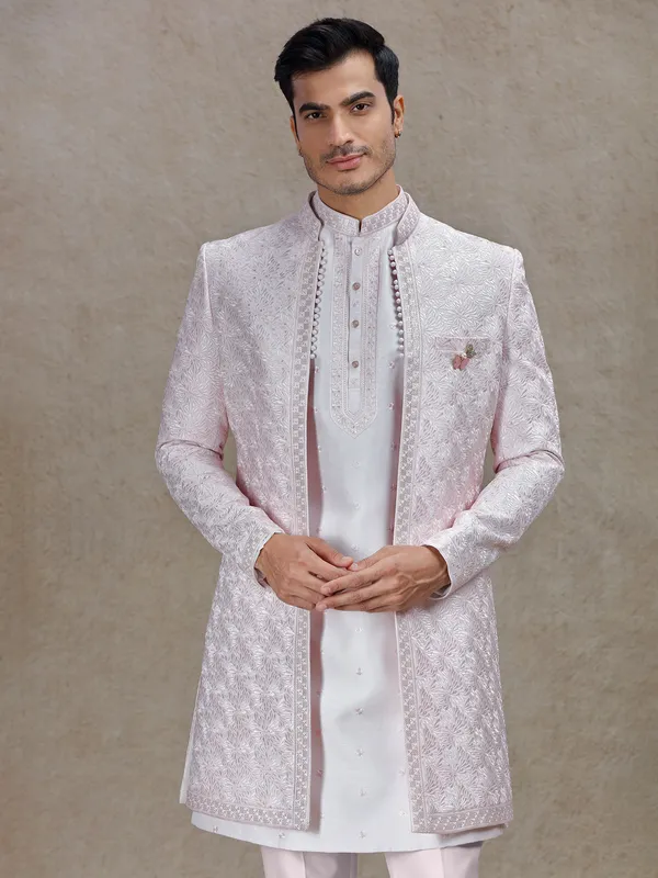 Light pink indo western with textured patch and sequins work