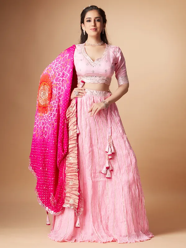 Light pink lehenga choli with printed dupatta