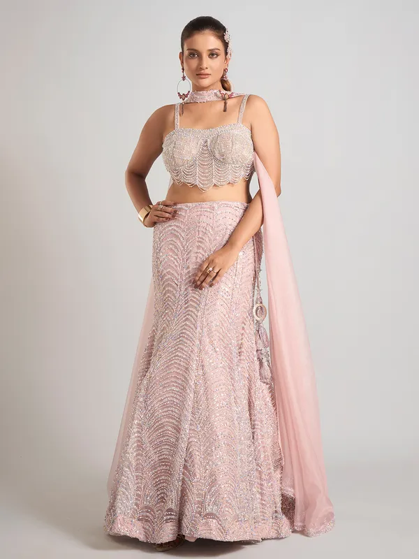 Light pink net sleeveless lehenga choli