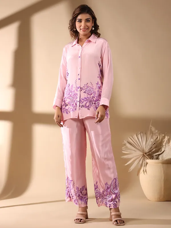 Light pink printed co-ord set in satin silk