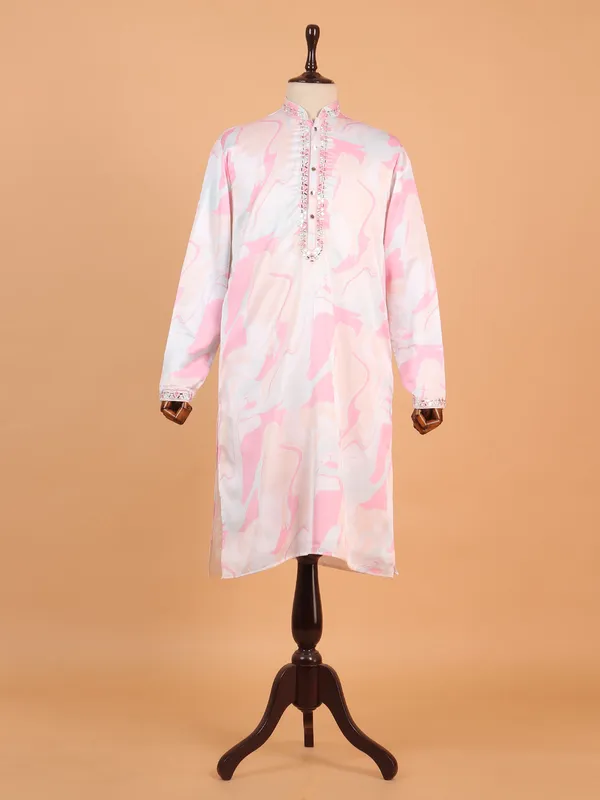 Light pink printed cotton silk kurta suit for men