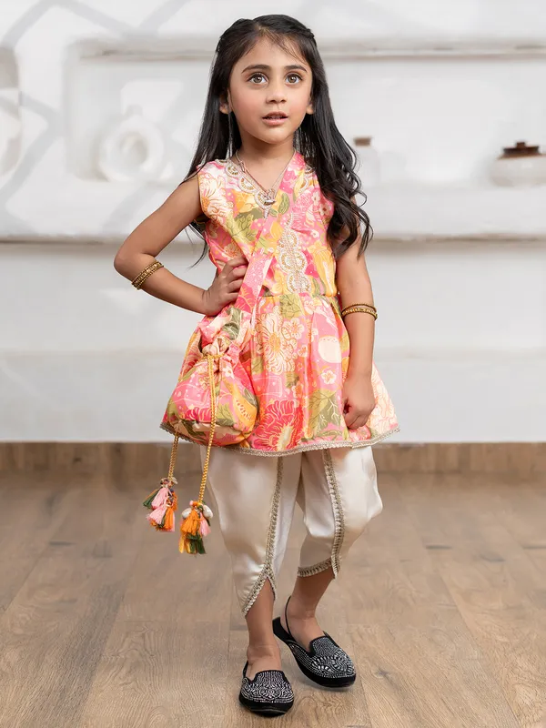 Light pink printed dhoti suit in silk