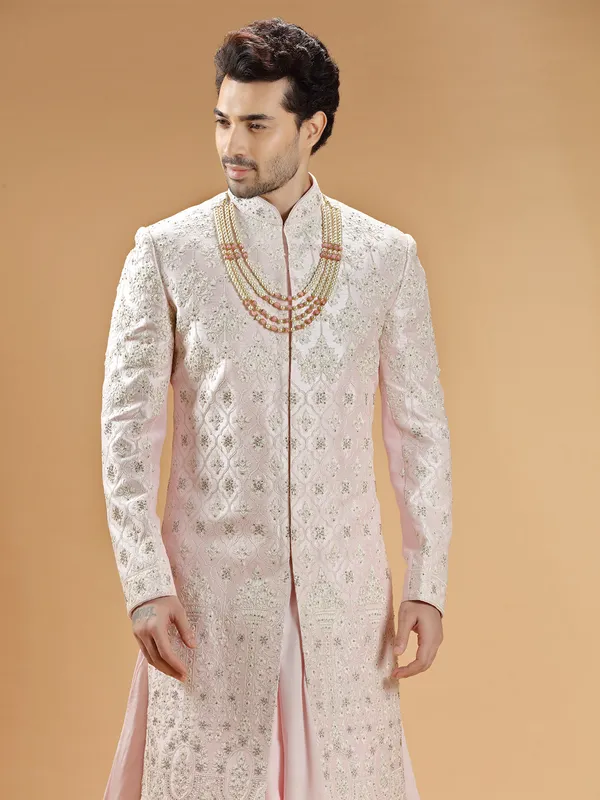 Light pink raw silk groom sherwani