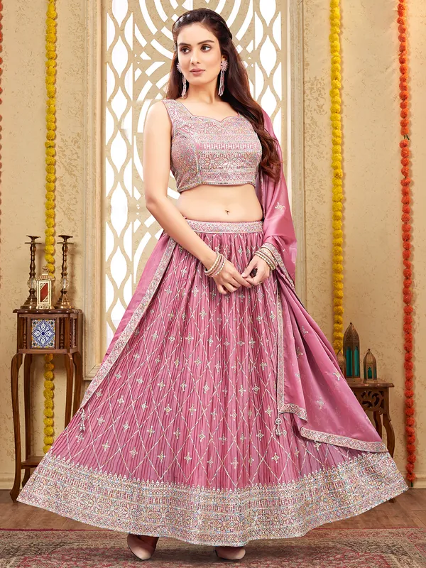 Light pink resham worked silk lehenga choli