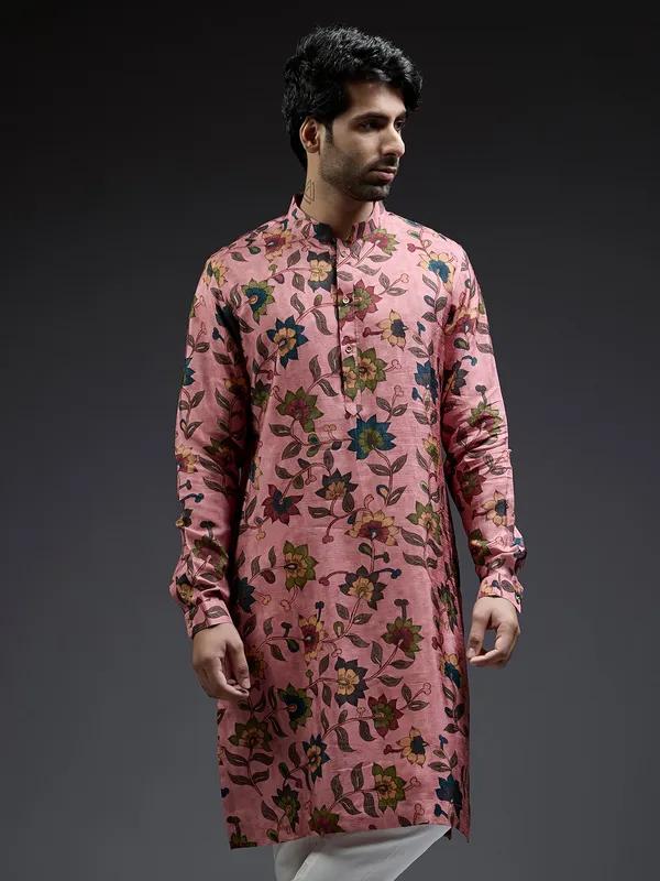 Light pink silk kurta suit in pataudi print for men