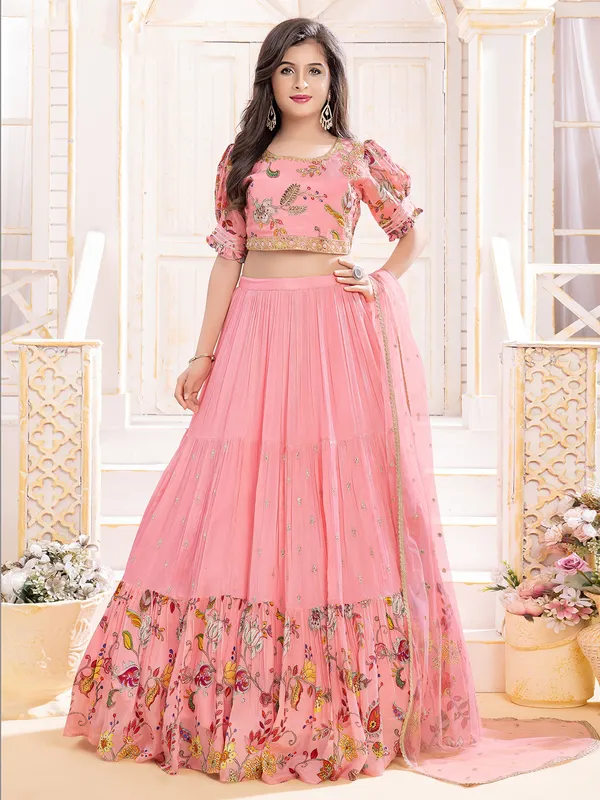 Light pink silk lehenga choli with print